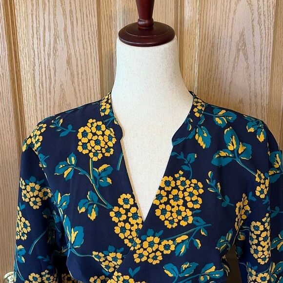 J Crew Navy Blue Yellow Floral Long Sleeve Wrap Blouse Top Small - Picture 6 of 9